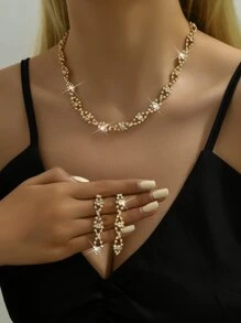 婚禮穿戴基本配件適用於新娘:2入組金色項鍊和耳飾套裝,多用途裝飾用品 - 香檳色 - 查看 1