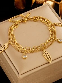 1 件不锈钢镂空叶吊坠手链，时尚百搭个性化珠宝礼物，适合女士 - 金黃色 - 查看 7