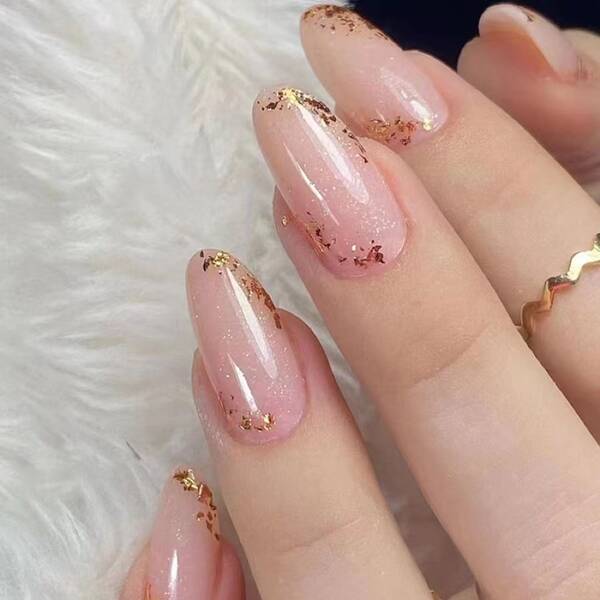24pcs/box Simple Pink & Nude Almond Shaped Nail With Shiny Gold Glitter, Sweet & Chic Wearable Nail Tips