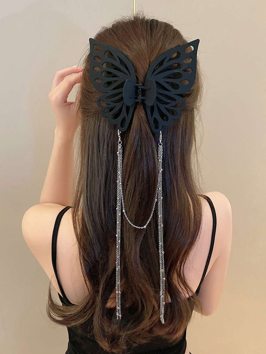 1pc Ladies' Solid Color Plastic Butterfly Chain Hollow Out Large Hair Claw Clip, Stylish Hair Accessory For Daily Wear Street Hair Clips Hair Jaw Clip Hair Clamps Hair Clutch Hair Catcher Clip, Black Hair Accessories Fall Winter For Vacation Outfits Woman - Black - View 1