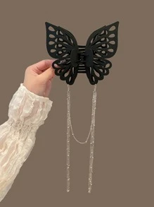 1pc Ladies' Solid Color Plastic Butterfly Chain Hollow Out Large Hair Claw Clip, Stylish Hair Accessory For Daily Wear Street Hair Clips Hair Jaw Clip Hair Clamps Hair Clutch Hair Catcher Clip, Black Hair Accessories Fall Winter For Vacation Outfits Woman - Black - View 2