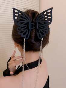 1pc Ladies' Solid Color Plastic Butterfly Chain Hollow Out Large Hair Claw Clip, Stylish Hair Accessory For Daily Wear Street Hair Clips Hair Jaw Clip Hair Clamps Hair Clutch Hair Catcher Clip, Black Hair Accessories Fall Winter For Vacation Outfits Woman - Black - View 3