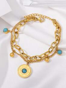 1pc Dual Layer Turquoise Bead Stainless Steel Bracelet