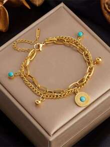 1pc Dual Layer Turquoise Bead Stainless Steel Bracelet