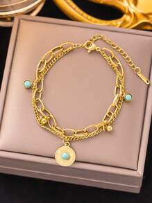 1pc Dual Layer Turquoise Bead Stainless Steel Bracelet