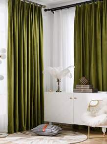 1 Pieza Cortina De Terciopelo Gruesa De Estilo Retro Americano De Lujo Simple Y Verde Oliva Para Sala De Estar O Dormitorio, Protección Contra El Sol, Aislamiento Y Bloqueo De Luz - Verde Oliva - Ver 5