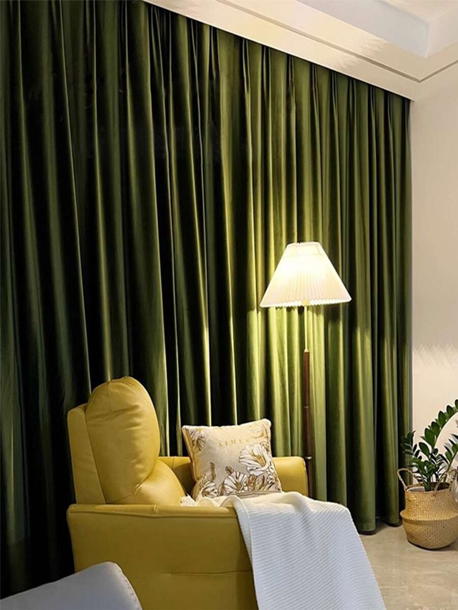 1 Pieza Cortina De Terciopelo Gruesa De Estilo Retro Americano De Lujo Simple Y Verde Oliva Para Sala De Estar O Dormitorio, Protección Contra El Sol, Aislamiento Y Bloqueo De Luz - Verde Oliva - Ver 1