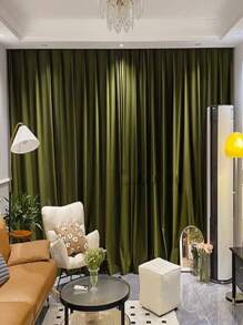 1 Pieza Cortina De Terciopelo Gruesa De Estilo Retro Americano De Lujo Simple Y Verde Oliva Para Sala De Estar O Dormitorio, Protección Contra El Sol, Aislamiento Y Bloqueo De Luz - Verde Oliva - Ver 3