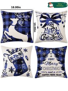 Bộ 4 vỏ gối Giáng sinh màu xanh lam 18 X 18 inch, vỏ gối sofa vải lanh vuông, trang trí chủ đề Giáng sinh, quà tặng tốt nhất - Xanh và trắng - Xem 2