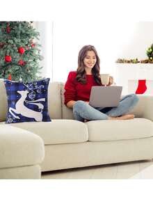 Bộ 4 vỏ gối Giáng sinh màu xanh lam 18 X 18 inch, vỏ gối sofa vải lanh vuông, trang trí chủ đề Giáng sinh, quà tặng tốt nhất - Xanh và trắng - Xem 3