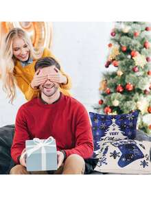 Bộ 4 vỏ gối Giáng sinh màu xanh lam 18 X 18 inch, vỏ gối sofa vải lanh vuông, trang trí chủ đề Giáng sinh, quà tặng tốt nhất - Xanh và trắng - Xem 8