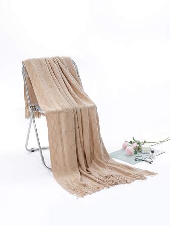 1pc Nordic Style Wavy Pattern Polyester Blanket, Rectangular Sofa Cover With Tassel Decor, Knitted Throw Blanket For Bed, Couch, Nap