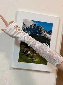 1 对女士白色蕾丝丝带防晒手套，适合芭蕾舞或派对情人节 - 白色 - 查看 4