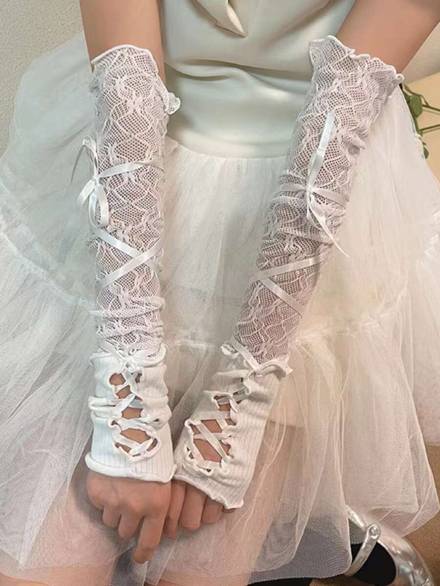 1 对女士白色蕾丝丝带防晒手套，适合芭蕾舞或派对情人节 - 白色 - 查看 1