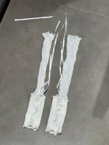 1 对女士白色蕾丝丝带防晒手套，适合芭蕾舞或派对情人节 - 白色 - 查看 5