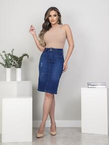 Women Denim Skirts - 深色水洗藍 - 查看 6