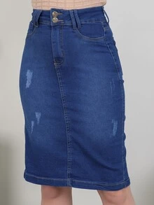 Women Denim Skirts - 深色水洗藍 - 查看 4