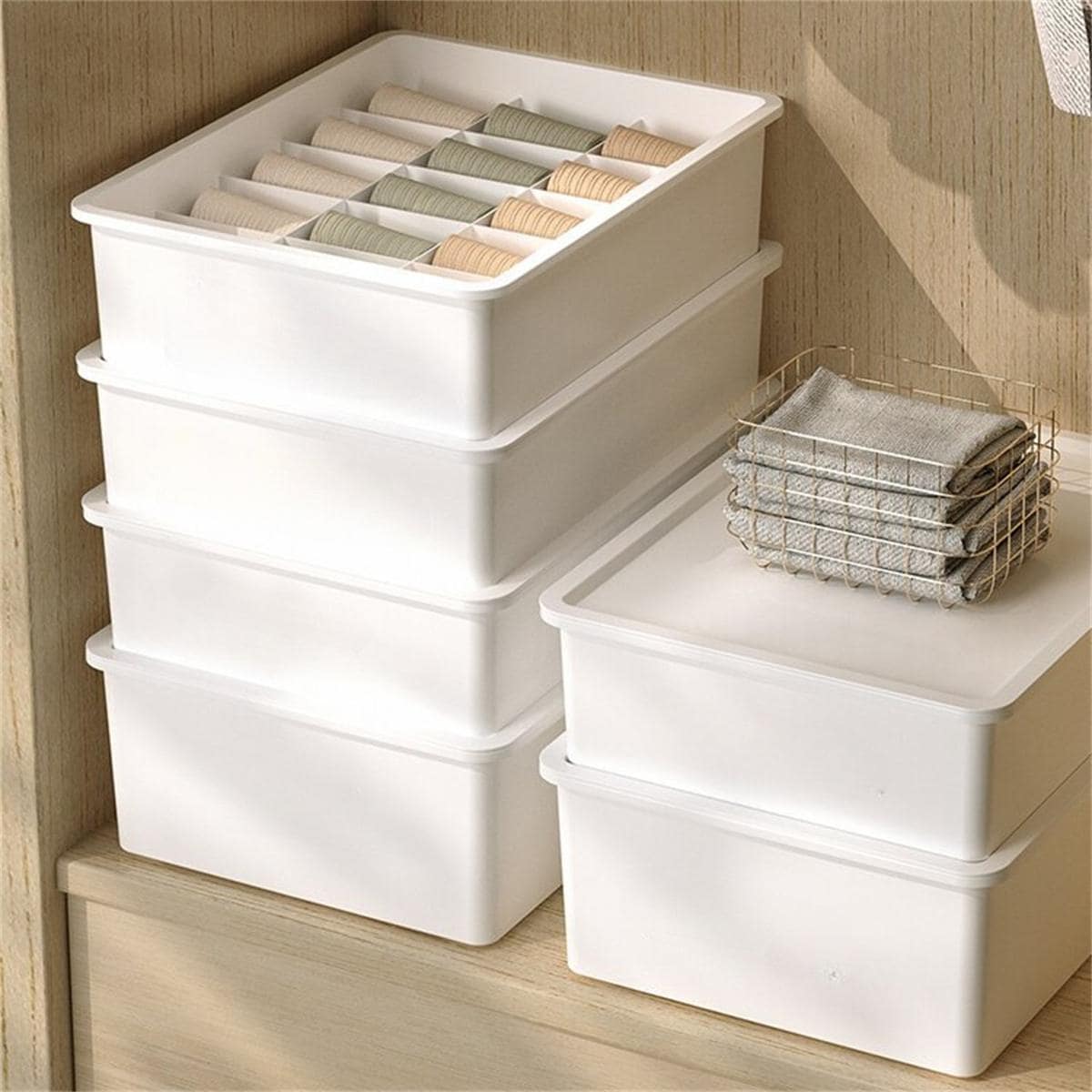 1 Set White Dustproof Sock Storage Boxes With Lid, Collapsible Drawer