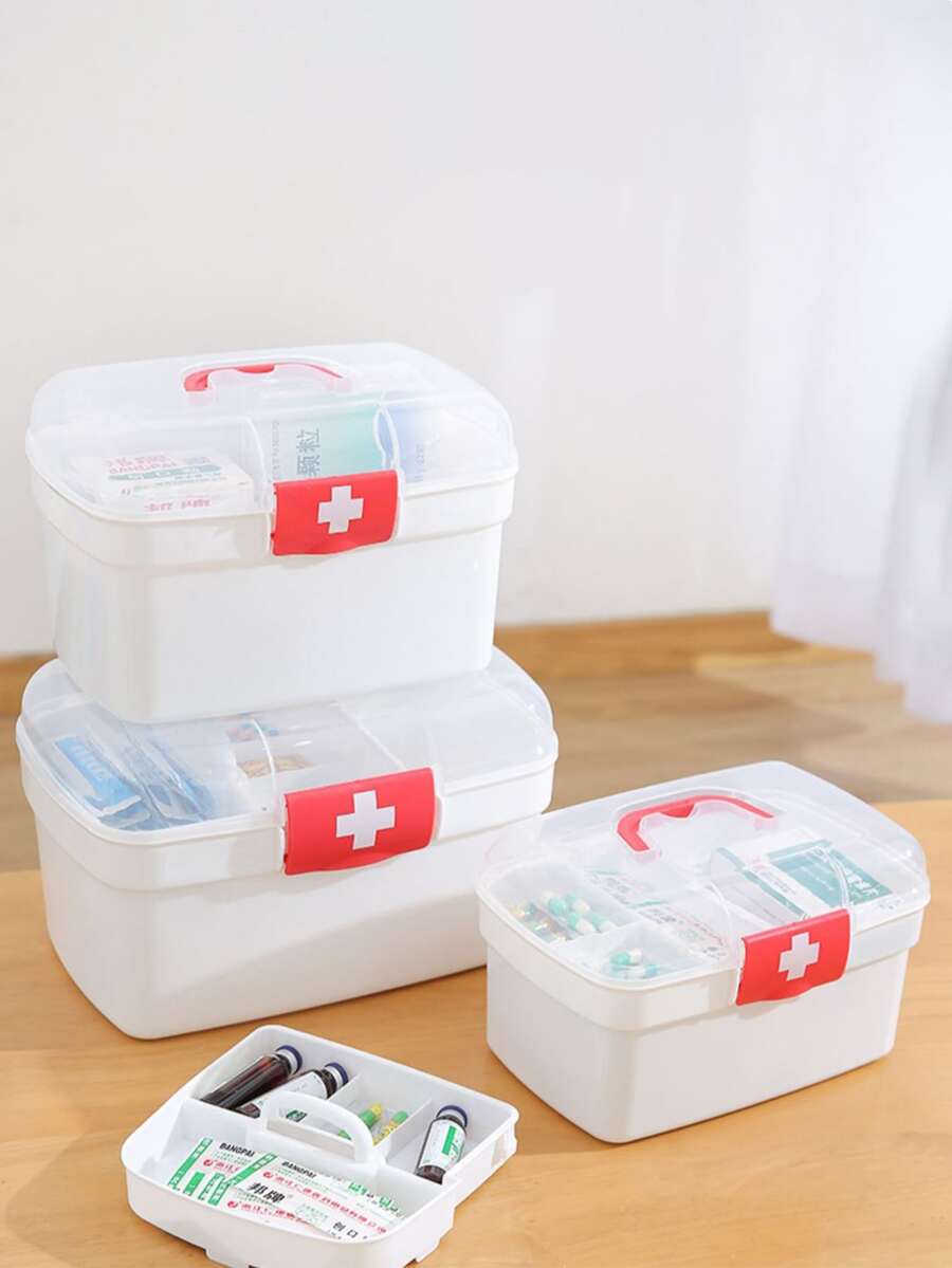 1pc Portable Medicine Storage Box With Compartments, Simple Design Household Pill Container - White - View 1
