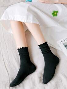 5 Pairs Women Black Novelty Cute Ruffled Frilly Ankle Crew Socks - Black - View 2