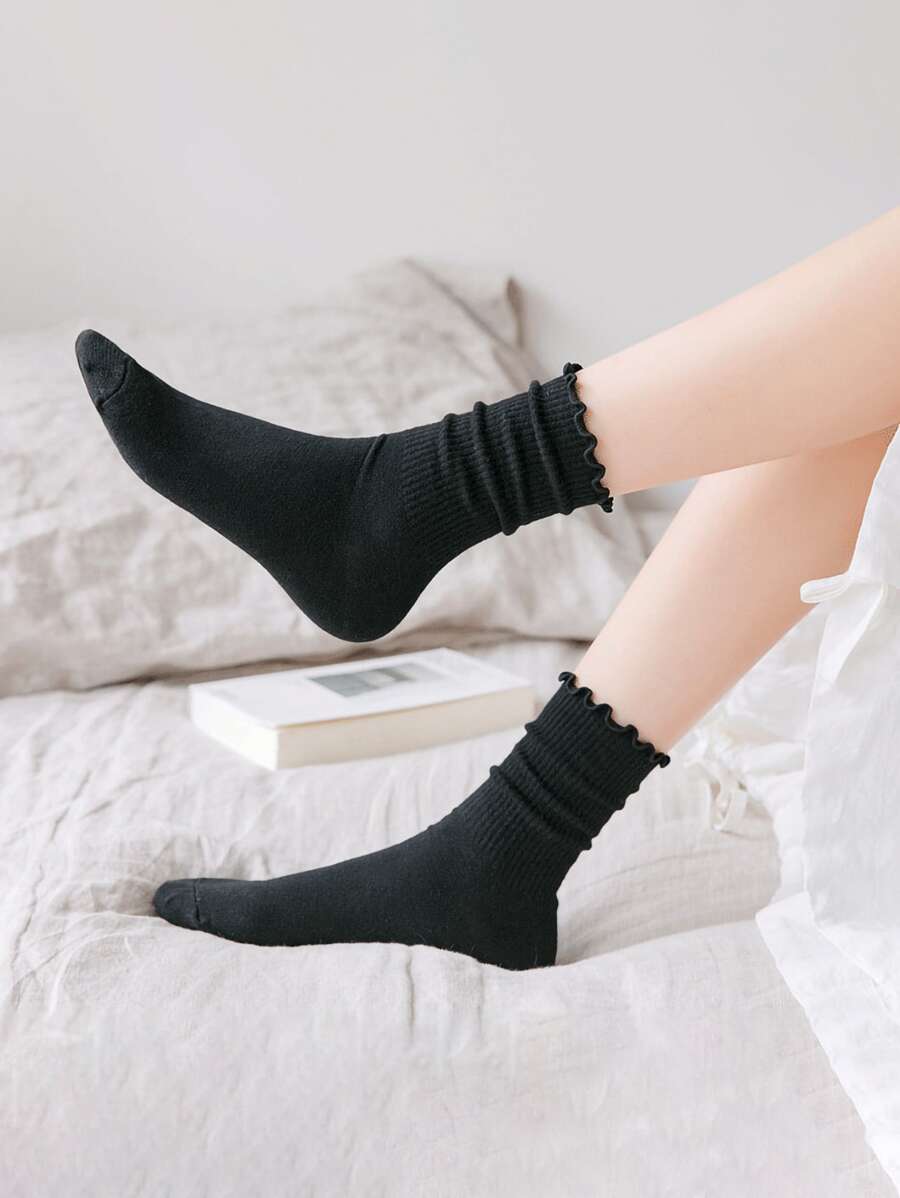 5 Pairs Women Black Novelty Cute Ruffled Frilly Ankle Crew Socks - Black - View 1
