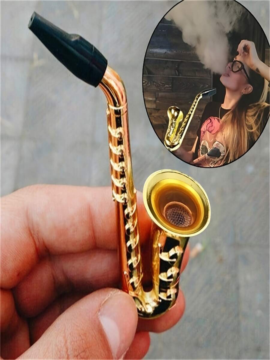 1 pieza Pipa con forma de saxofón de metal con rejilla, pipa de estilo mini trompeta de metal, regalo perfecto para fumadores - Dorado - Ver 1