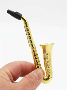 1 pieza Pipa con forma de saxofón de metal con rejilla, pipa de estilo mini trompeta de metal, regalo perfecto para fumadores - Dorado - Ver 10