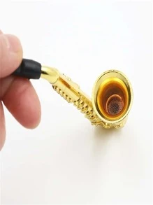 1 pieza Pipa con forma de saxofón de metal con rejilla, pipa de estilo mini trompeta de metal, regalo perfecto para fumadores - Dorado - Ver 9