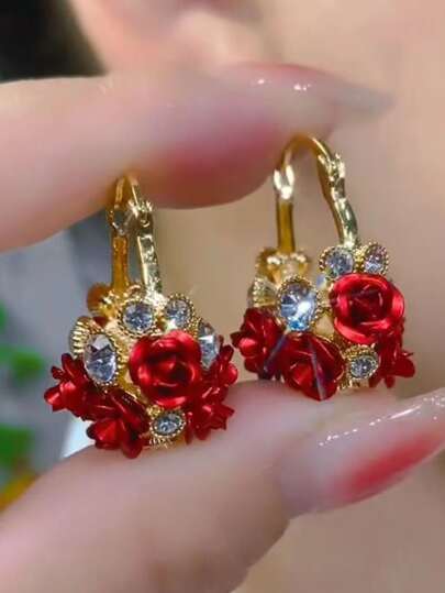 1 par, 2 piezas Pendientes con forma de rosa roja para mujer, diseño de cesta de flores vibrante para el Día de San Valentín
