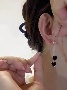 1pair Professional Ladies' Black Dual Heart-shaped Ear Line Anti-fall Design Daily Wear Earrings - Gold - View 3
