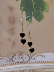 1pair Professional Ladies' Black Dual Heart-shaped Ear Line Anti-fall Design Daily Wear Earrings - Gold - View 5