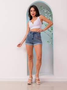 Women Denim Shorts - 中等水洗藍 - 查看 4