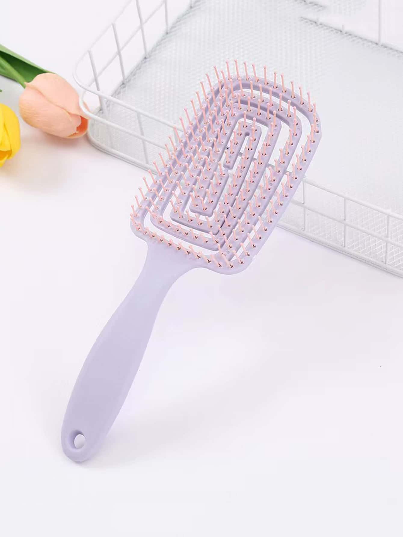 1 件女士粉色长柄镂空梳，极具吸引力的发型设计工具，适用于干湿发质，防止静电，带有骨头图案，适合蓬松秀发粉色配饰 - 紫色 - 查看 1