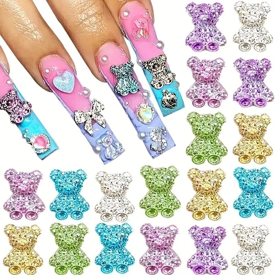 50 Piezas De Pequeños Accesorios De Arte Para Uñas Con Un Diseño En 3d De Ositos De Peluche, Brillosos Y Adorables Para Uñas De Gel O Acrílicas Con Incrustaciones De Diamantes De Imitación - Multicolor - Ver 1