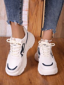 新款時尚休閒鞋舒服的休閒運動鞋防滑厚下裝增加浪潮酷女性鞋學生百搭小白色鞋 - 米色 - 查看 3