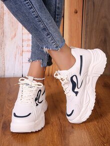 新款時尚休閒鞋舒服的休閒運動鞋防滑厚下裝增加浪潮酷女性鞋學生百搭小白色鞋 - 米色 - 查看 5