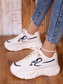 新款時尚休閒鞋舒服的休閒運動鞋防滑厚下裝增加浪潮酷女性鞋學生百搭小白色鞋 - 米色 - 查看 6