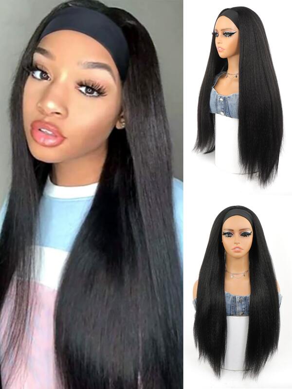 Long Black Headband Wig for Women 30 Inch Black Yaki Straight Soft