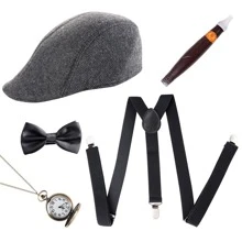 5pcs/set Men's Daily Party Wear Accessory Set Including A Hat, A Cigar, A Suspenders, A Pocket Watch Without Battery, And A Tie Decoration - Multicolor - View 1