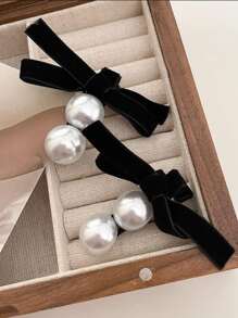 2pcs Elegant Double Pearl Bow Velvet Duck Clip Bangs Hairpin, Retro French Style Minimalist Chic For Girls