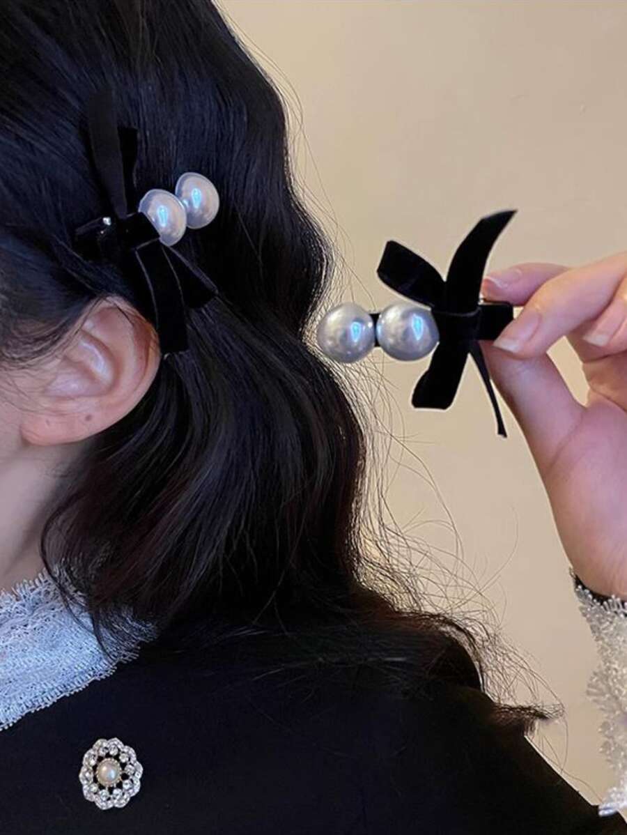 2pcs Elegant Double Pearl Bow Velvet Duck Clip Bangs Hairpin, Retro French Style Minimalist Chic For Girls