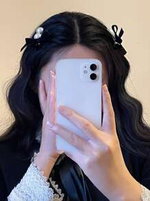 2pcs Elegant Double Pearl Bow Velvet Duck Clip Bangs Hairpin, Retro French Style Minimalist Chic For Girls