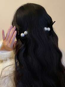 2pcs Elegant Double Pearl Bow Velvet Duck Clip Bangs Hairpin, Retro French Style Minimalist Chic For Girls