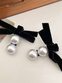 2pcs Elegant Double Pearl Bow Velvet Duck Clip Bangs Hairpin, Retro French Style Minimalist Chic For Girls