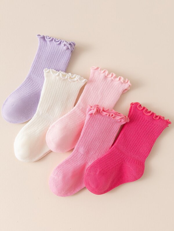 5pairs Baby Girls' Seamless Toe Lace Ruffle Socks With Mushroom Ears, Pink Princess Style