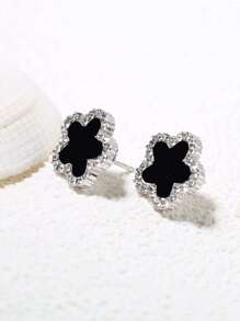 1pair Silver-Color Fashionable Zirconia Flower Ear Studs, Elegant Gift For Women Valentines,Mom,Mother,Mother's Day,Gift - Black - View 3