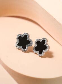 1pair Silver-Color Fashionable Zirconia Flower Ear Studs, Elegant Gift For Women Valentines,Mom,Mother,Mother's Day,Gift - Black - View 1