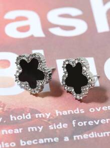 1pair Silver-Color Fashionable Zirconia Flower Ear Studs, Elegant Gift For Women Valentines,Mom,Mother,Mother's Day,Gift - Black - View 2