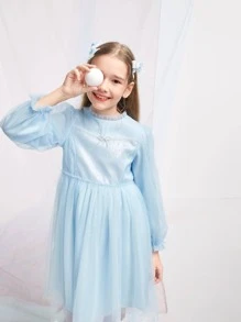 Balabala Thiếu niên cô gái Nơ mặt trước Tương phản Kim sa tay áo lá sen Váy lưới che phủ - Màu xanh lam - Xem 4