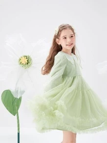 Balabala Tween Cô Gái Xuân Thu Ngọt Ngào Và Thanh Lịch Nhiều Lớp Ren Lưới Tay Phồng Cánh Hoa Ve Áo Đầm Xanh - màu xanh lá - Xem 5